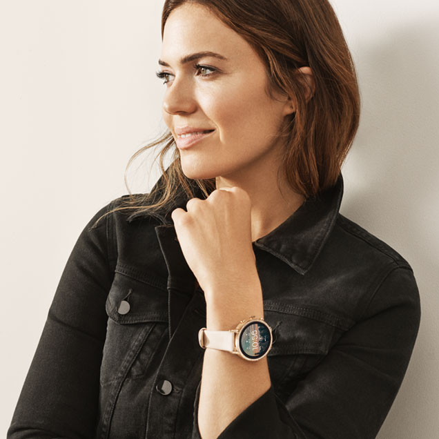 Mandy Moore models new heart rate tracking Fossil Touchscreen Smartwatch the Q Venture